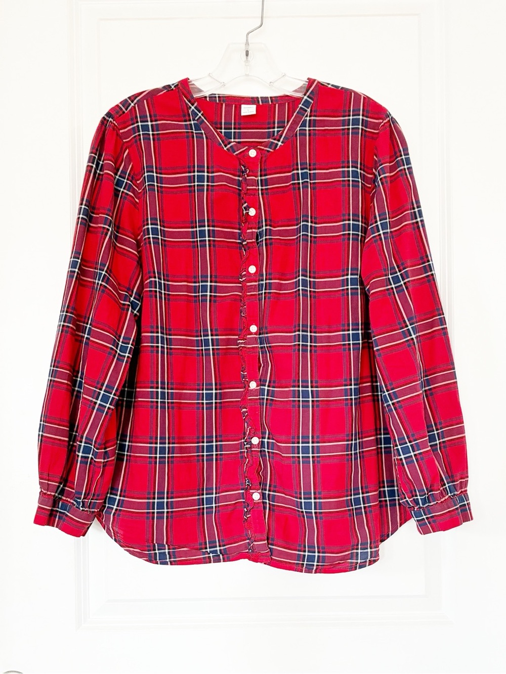 Old Navy Red Plaid Ruffle Button Front Blouse Large 100% Cotton.